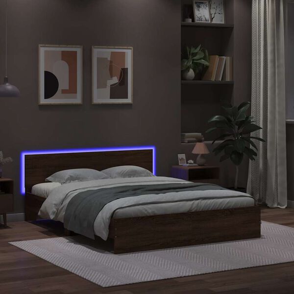 vidaXL Bed Frame with Headboard and LED Brown Oak 150x200 cm King Size