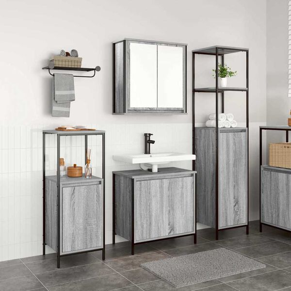 vidaXL Bathroom Furniture Set with Shelf 3 pcs Grey Sonoma and Black