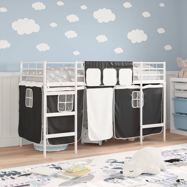 vidaXL Kids'Loft Bed Frame with Curtains White and Black 100 x 190 cm