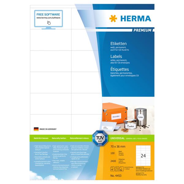HERMA Permanent Labels PREMIUM A4 70x36 mm 100 Sheets