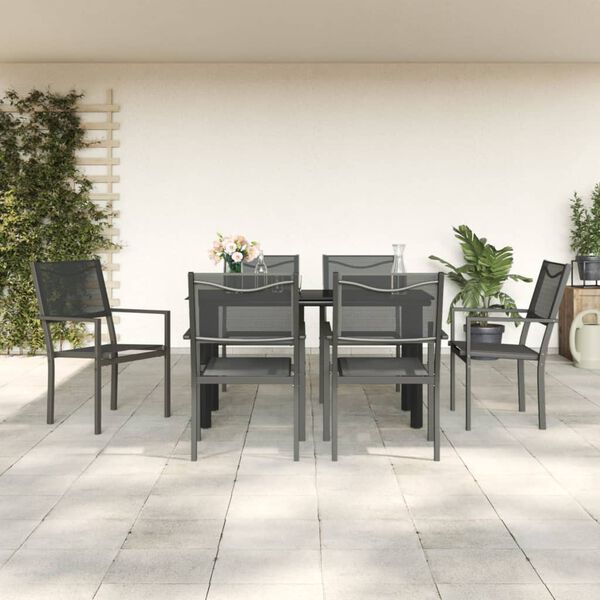vidaXL 7 Piece Garden Dining Set Black Steel and Textilene