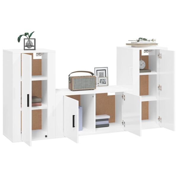vidaXL 3 Piece TV Cabinet Set High Gloss White Engineered Wood
