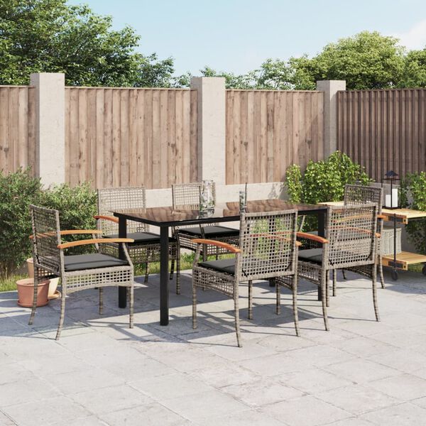 vidaXL 7 Piece Garden Dining Set with Cushions Grey Poly Rattan