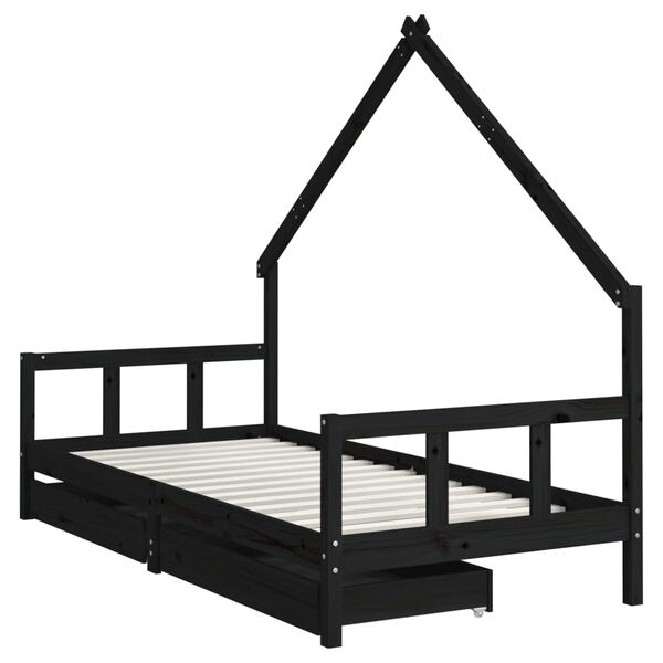 vidaXL Kids Bed Frame with Drawers Black 90x200 cm Solid Wood Pine