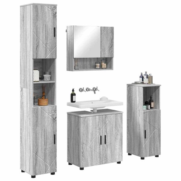 vidaXL Bathroom Furniture Set Wall-mounted with Door 4 pcs Grey Sonoma