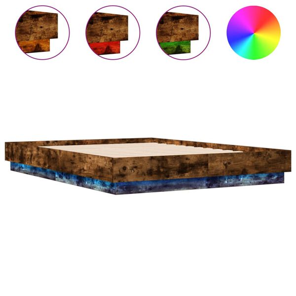 vidaXL Bed Frame with LED without Mattress Smoked Oak 120x190 cm Small Double