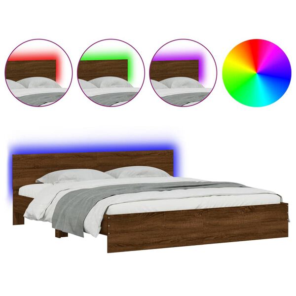 vidaXL Bed Frame with LED without Mattress Brown Oak 180x200 cm Super King