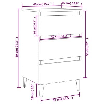 vidaXL Bed Cabinet with Metal Legs Sonoma Oak 40x35x69 cm