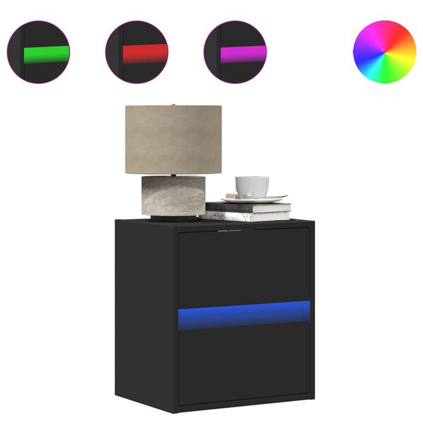 vidaXL Wall-mounted Bedside Cabinet with LED Lights Black