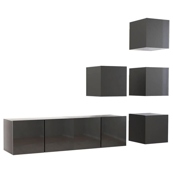 vidaXL 6 Piece TV Cabinet Set High Gloss Grey Engineered Wood