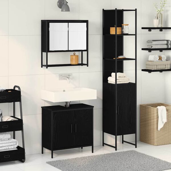 vidaXL Bathroom Furniture Set with Shelf 3 pcs Black Engineered wood
