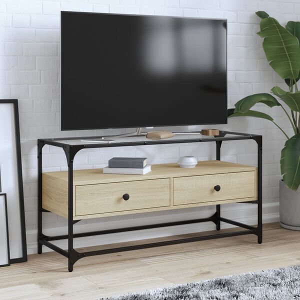 vidaXL TV Cabinet with Glass Top Sonoma Oak 98x35x51 cm Engineered Wood