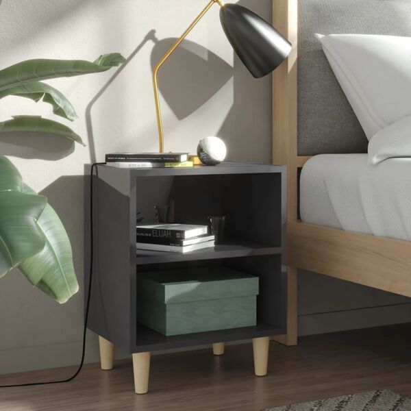 vidaXL Bed Cabinet with Solid Wood Legs High Gloss Grey 40x30x50 cm