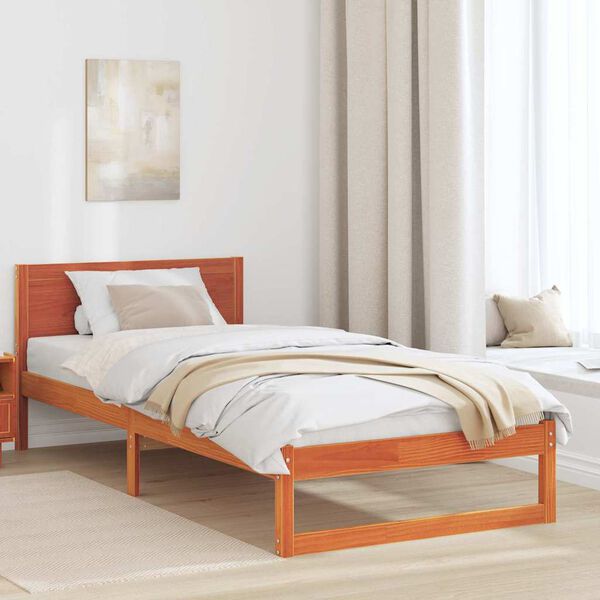 vidaXL Bed Frame with Headboard Wax Brown 90 x 190 cm Solid Pine Wood