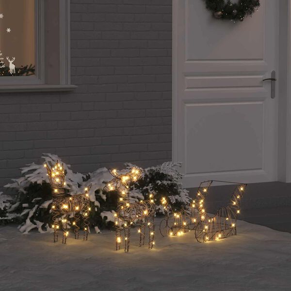 vidaXL Reindeer Pull Sleigh Warm White 53 x 28 x 33 cm Rattan