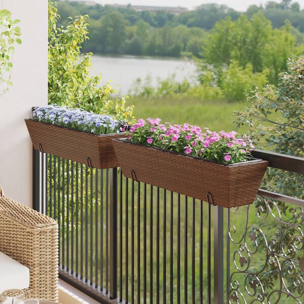 vidaXL Planters with hooks 2 pcs Brown Poly Rattan