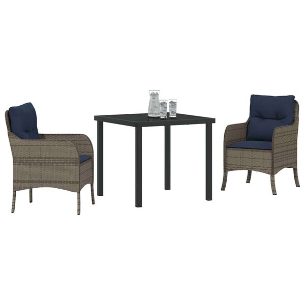 vidaXL Garden Dining Set with Cushion 3 pcs Grey Poly Rattan