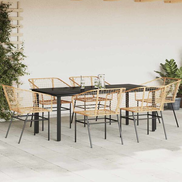 vidaXL 7 Piece Garden Dining Set Brown Poly Rattan Glass