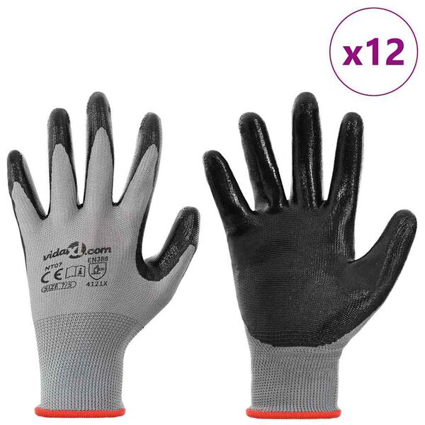 vidaXL Work Gloves 12 pcs Grey and Black 7 / S Polyester