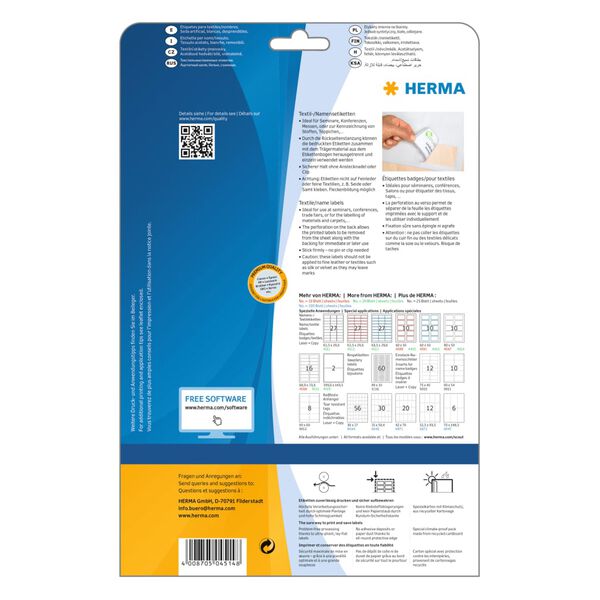 HERMA Removable Textile Name Labels A4 80x50 mm 20 Sheets White