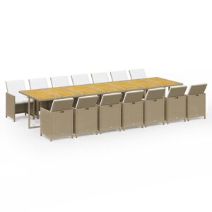 vidaXL 15 Piece Garden Dining Set with Cushions Beige Poly Rattan