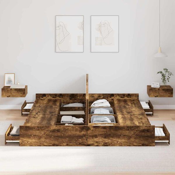 vidaXL Storage Bed Frame Smoked Oak 200 x 200 cm Engineered Wood