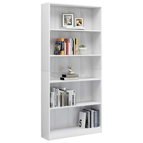 vidaXL 5-Tier Book Cabinet High Gloss White 80x24x175 cm Engineered Wood