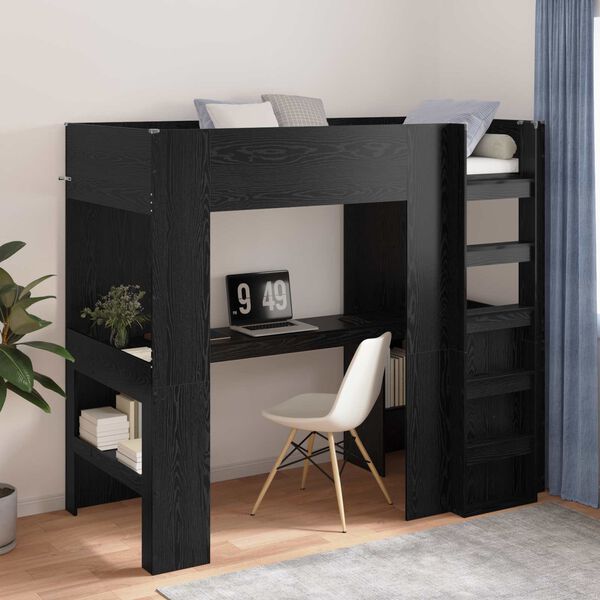 vidaXL Loft Bed Frame with Desk Black Oak 90 x 200 cm Engineered Wood