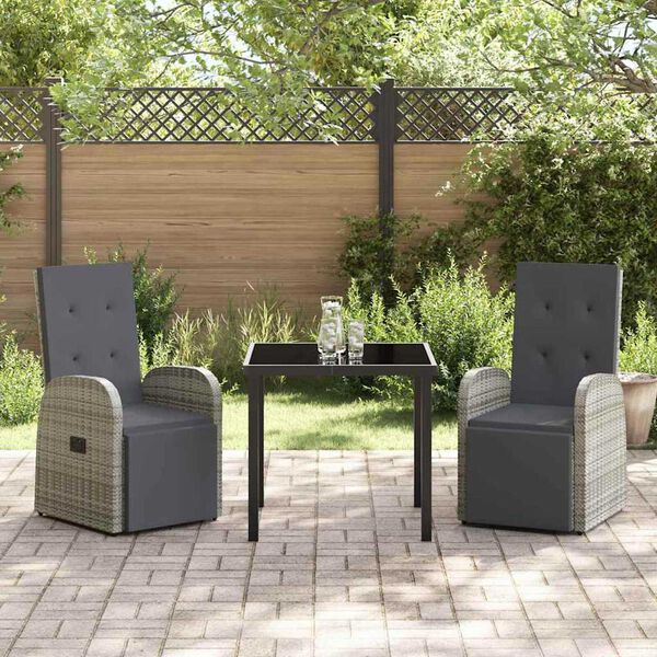 vidaXL Garden Dining Set with Cushion 3 pcs Grey Poly Rattan