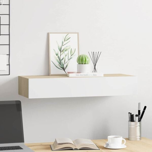 vidaXL Wall-mounted Drawer Shelf Oak and White 60x23.5x10cm MDF