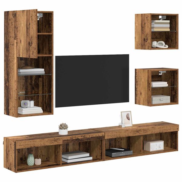vidaXL TV Wall Units with LED 5 pcs Old Wood Engineered Wood