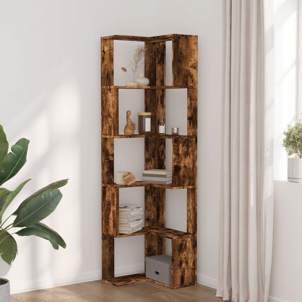 vidaXL Corner Bookcase 5-Tier Smoked Oak 50x50x179 cm Engineered Wood