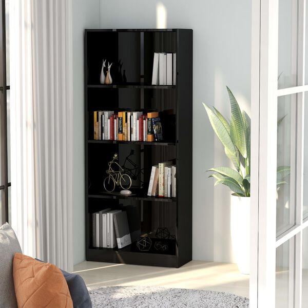vidaXL 4-Tier Book Cabinet High Gloss Black 60x24x142 cm Engineered Wood