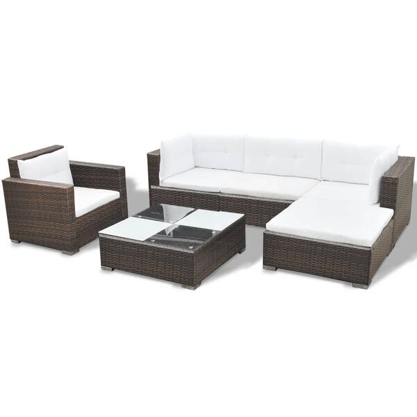 vidaXL 6 Piece Garden Lounge Set with Cushions Poly Rattan Brown