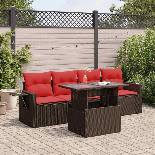 vidaXL 5 Piece Garden Sofa Set with Cushions Brown Poly Rattan Acacia