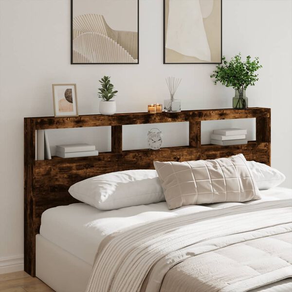 vidaXL Headboard Cabinet with LED Smoked Oak 200x17x102 cm