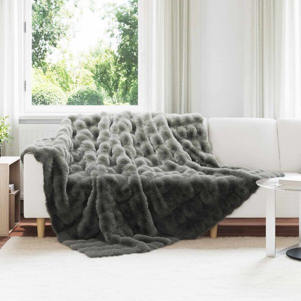 vidaXL Faux Rabbit Fur Blanket Dark Grey 220 x 240 cm Polyester