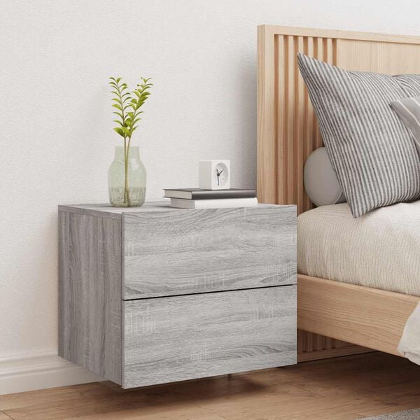 vidaXL Wall-mounted Bedside Cabinet with LED Lights Grey Sonoma