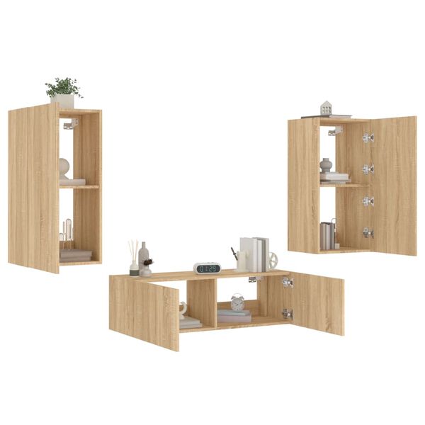 vidaXL 3 Piece TV Wall Cabinets with LED Lights Sonoma Oak