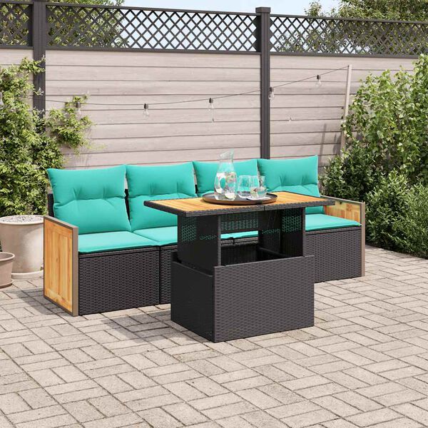 vidaXL 5 Piece Garden Sofa Set with Cushions Black Poly Rattan Acacia