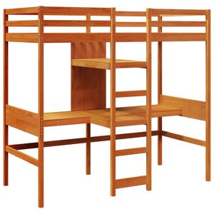 vidaXL Loft Bed Frame with Desk and Shelves Wax Brown 90x200cm Solid Wood Pine