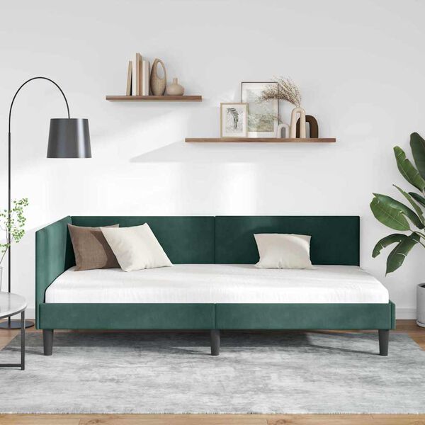 vidaXL Corner Bed Frame Dark Green 90 cm x 190 cm Velvet