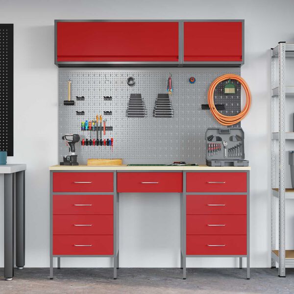 vidaXL Work Cabinet with Drawer with Lock 8 pcs Red 150 x 55 x 200 cm