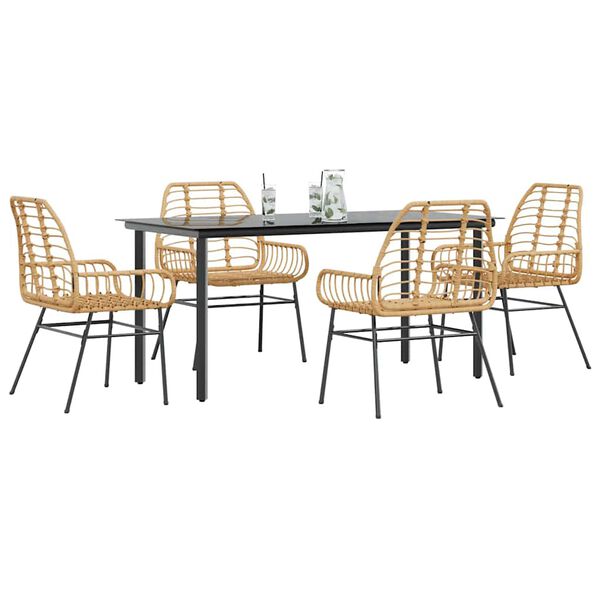 vidaXL 5 Piece Garden Dining Set Brown Poly Rattan Glass