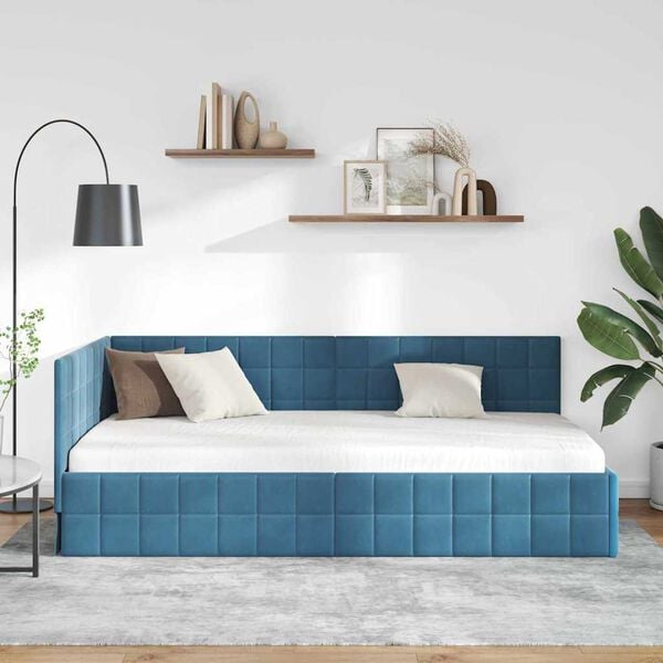 vidaXL Corner Bed Frame with Headboard Blue 90 cm x 190 cm Velvet