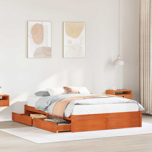 vidaXL Bed Frame with Drawer Wax Brown 160 x 200 cm Solid Pine Wood