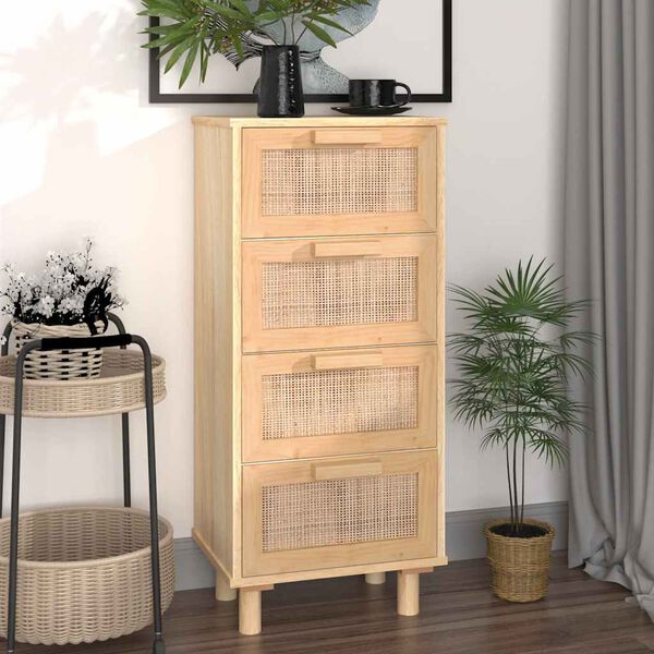 vidaXL Sideboard Brown 40x30x90 cm Solid Wood Pine and Natural Rattan