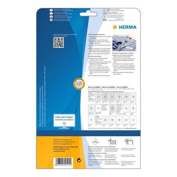 HERMA Removable Textile Name Labels A4 88.9x33.8 mm 20 Sheets