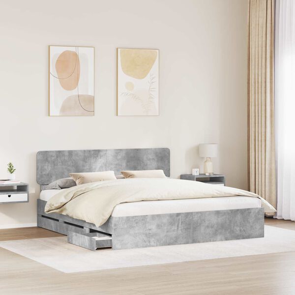 vidaXL Bed Frame with Drawer Concrete Grey 200 x 200 cm Engineer Wood