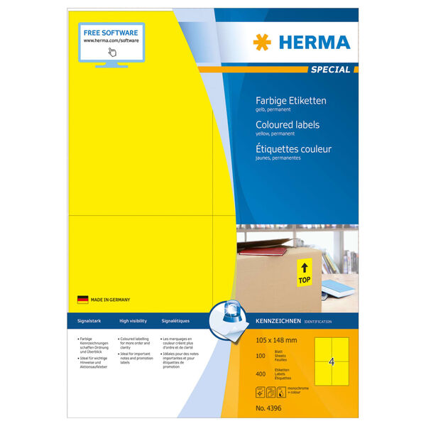 HERMA Permanent Universal Labels A4 105x148 mm 100 Sheets Yellow